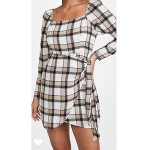 Rahi NWT Women's Cream/Black/Army Green Plaid Puff Sleeve Mini Dress, Medium